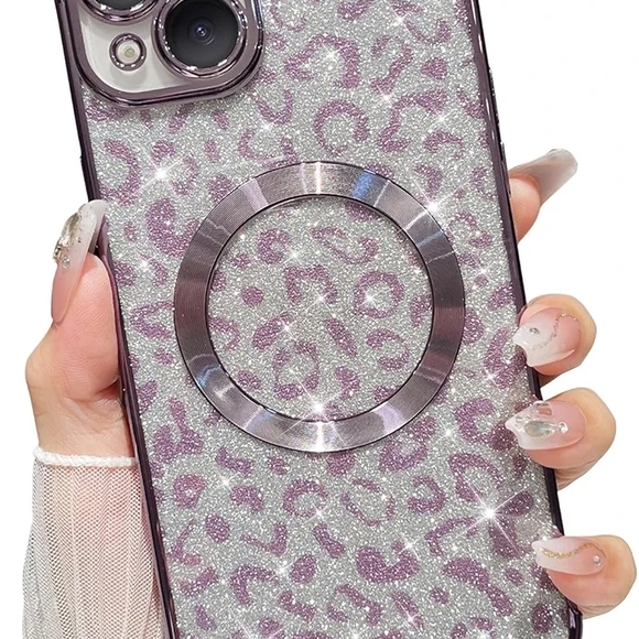 Glitter Leopard Print iPhone 15 Plus Case - Silver and Blue - Picture 6 of 11